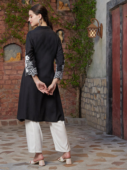 Solid Resham & Applique Embroidered Asymmetric High-Low Hem Kurta with Pants - Black