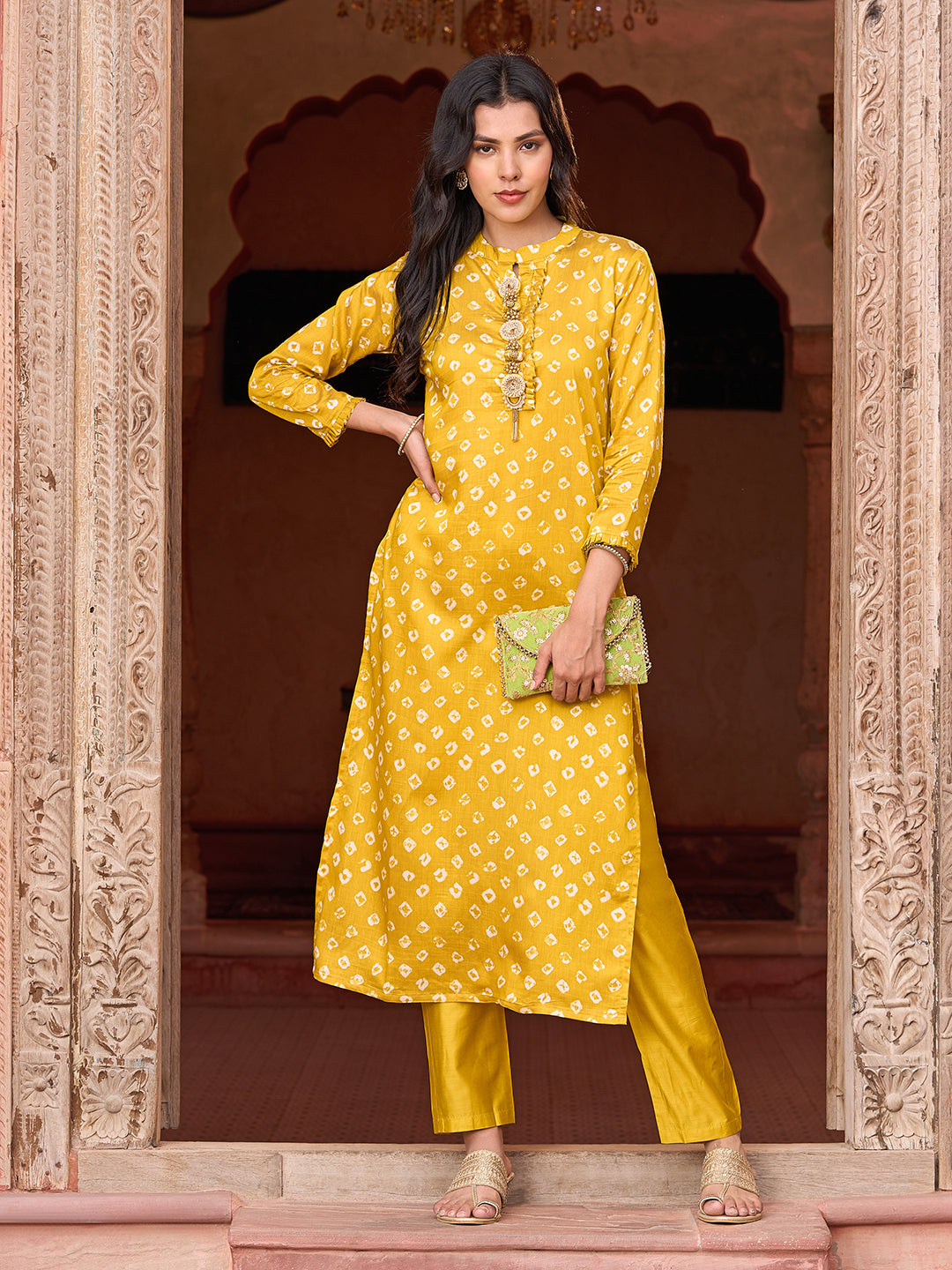 Bandhani Printed & Ethnic Embroidered Straight Fit Kurta with Pant - Mustard