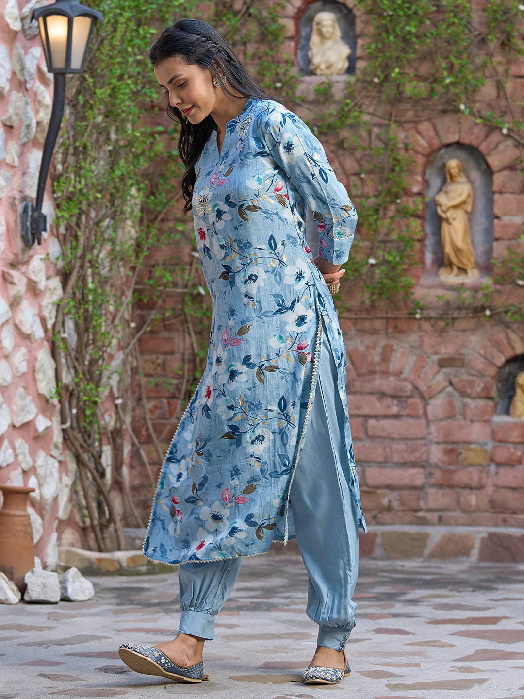 Floral Printed & Embroidered Straight Fit Kurta with Pant - Blue