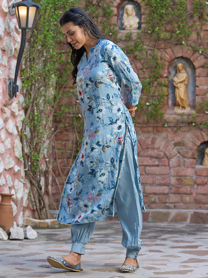 Floral Printed & Embroidered Straight Fit Kurta with Pant - Blue