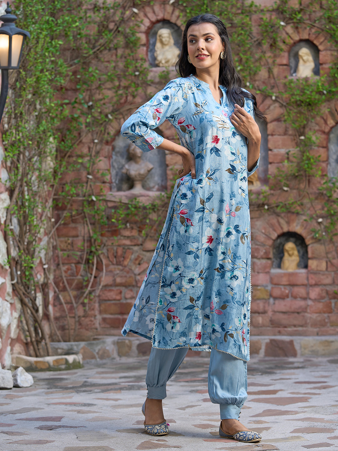 Floral Printed & Embroidered Straight Fit Kurta with Pant - Blue