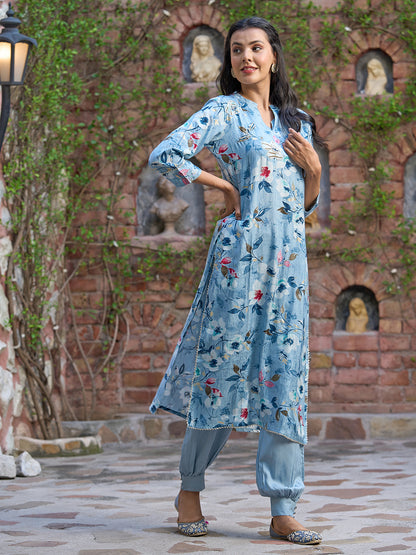 Floral Printed & Embroidered Straight Fit Kurta with Pant - Blue