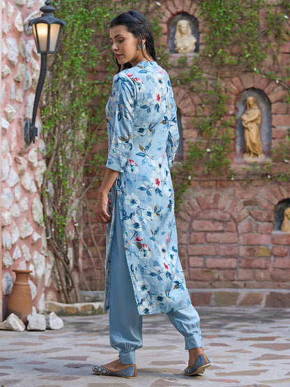 Floral Printed & Embroidered Straight Fit Kurta with Pant - Blue