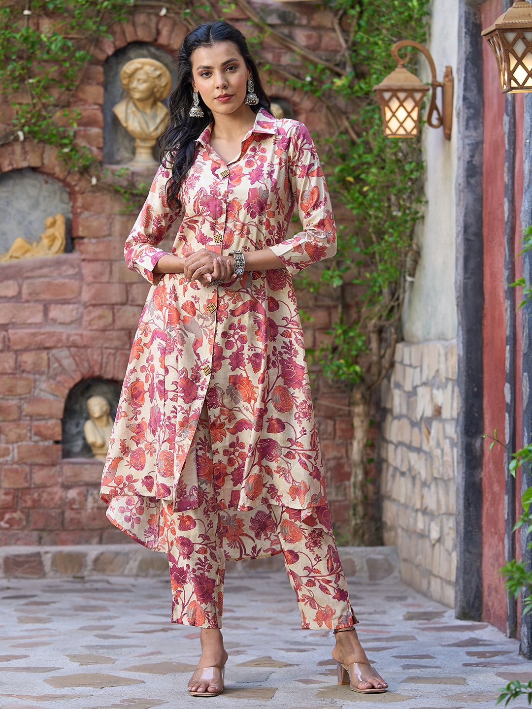 Floral Foil Printed A-Line Paneled Kurta with Pant - Magenta & Beige