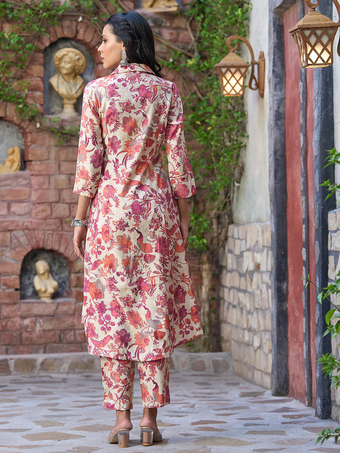 Floral Foil Printed A-Line Paneled Kurta with Pant - Magenta & Beige