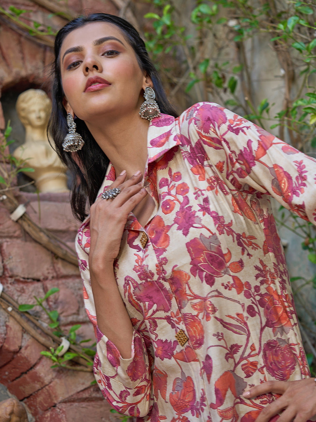 Floral Foil Printed A-Line Paneled Kurta with Pant - Magenta & Beige