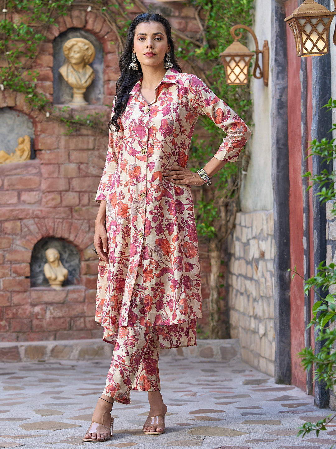 Floral Foil Printed A-Line Paneled Kurta with Pant - Magenta & Beige