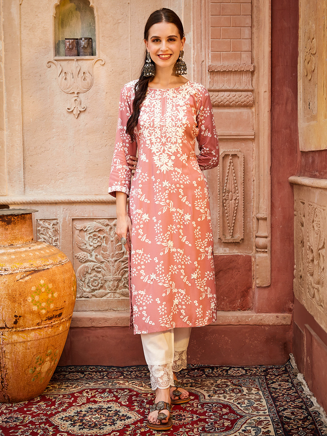 Floral Printed Resham & sequins Embroidered Kurta - Peach