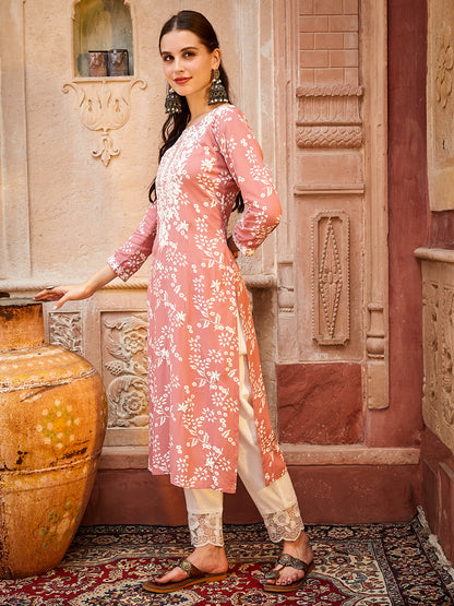 Floral Printed Resham & sequins Embroidered Kurta - Peach