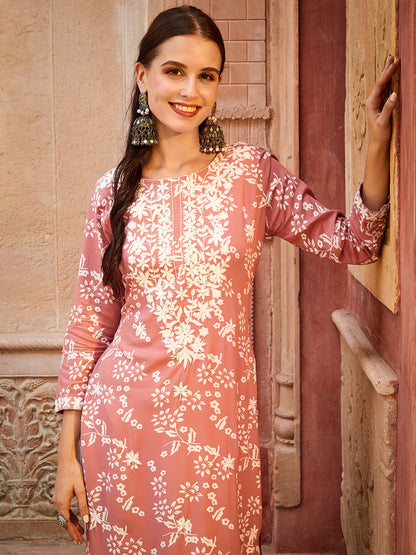 Floral Printed Resham & sequins Embroidered Kurta - Peach