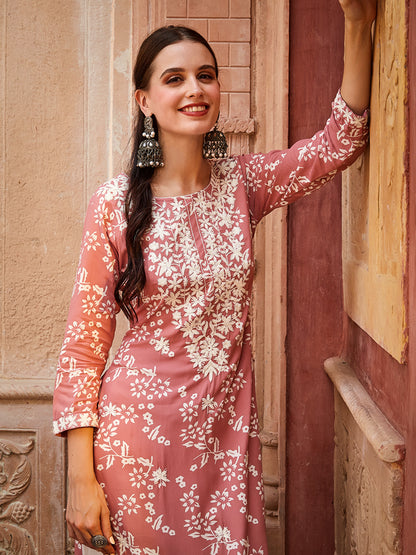 Floral Printed Resham & sequins Embroidered Kurta - Peach