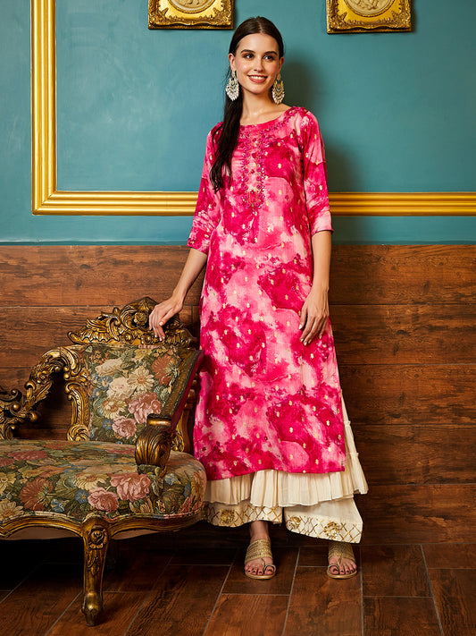 Abstract Printed & Hand Embroidered Straight Fit Kurta - Pink