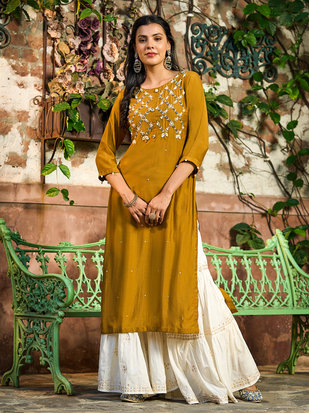 Solid Floral Hand Embroidered Straight Fit Kurta - Mustard
