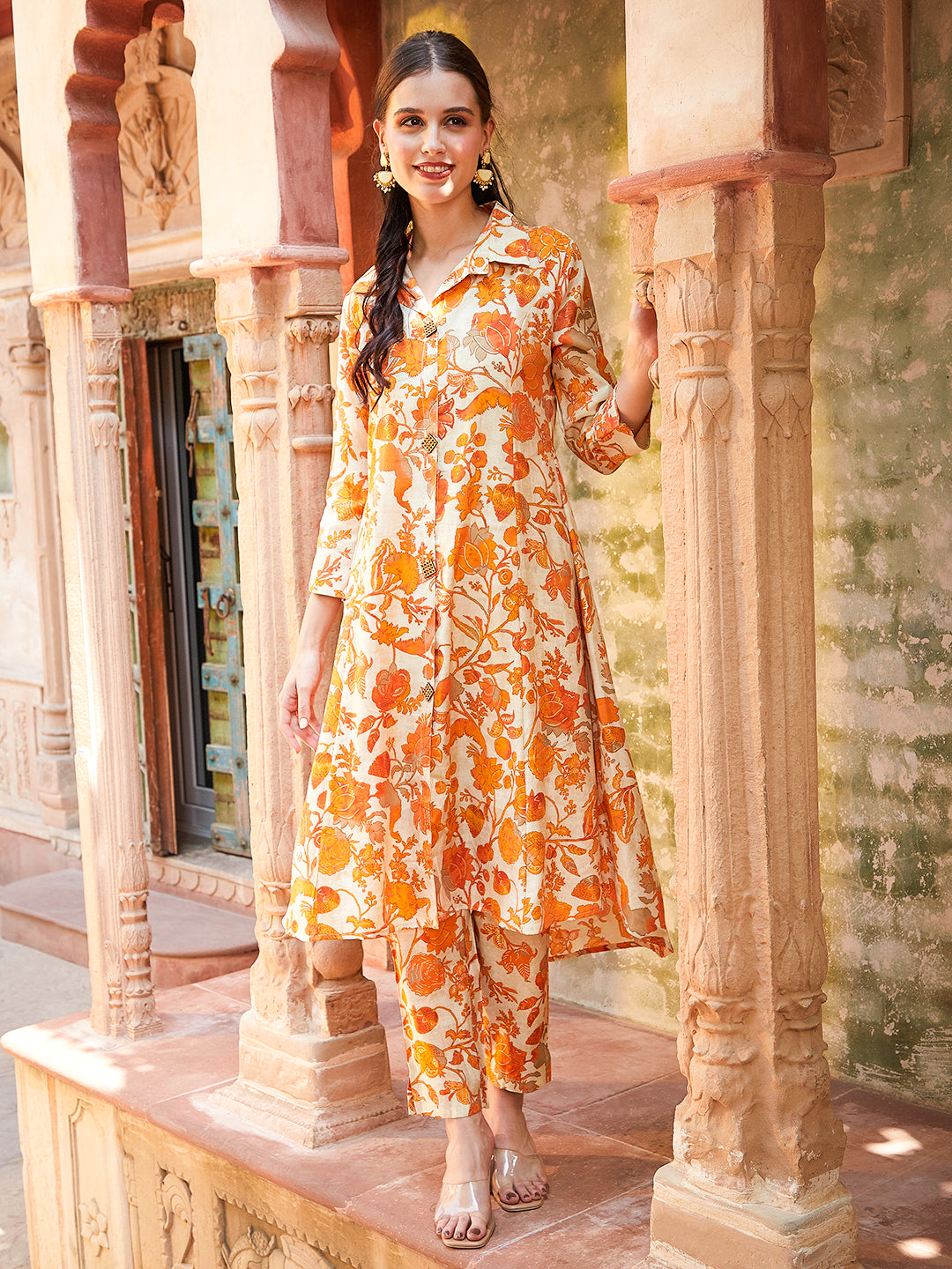 Floral Foil Printed A-Line Paneled Kurta with Pant - Orange & Beige