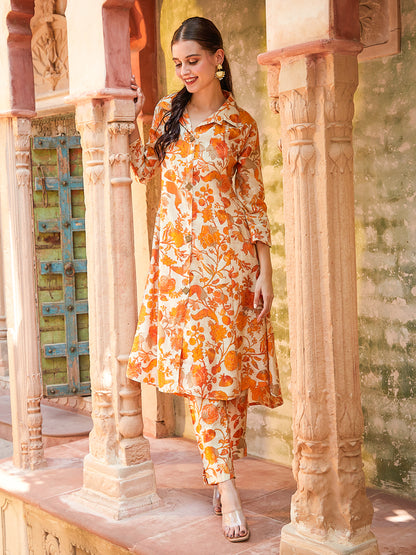 Floral Foil Printed A-Line Paneled Kurta with Pant - Orange & Beige