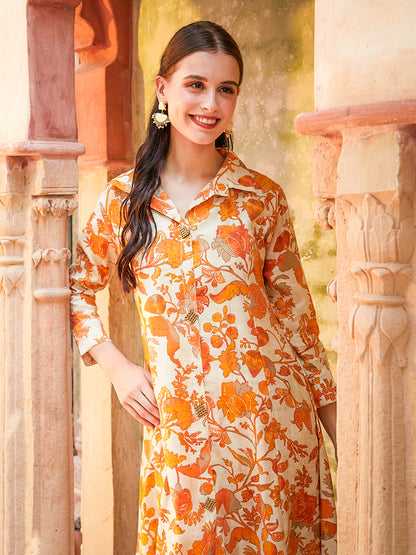 Floral Foil Printed A-Line Paneled Kurta with Pant - Orange & Beige