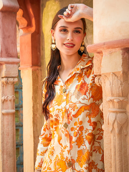 Floral Foil Printed A-Line Paneled Kurta with Pant - Orange & Beige