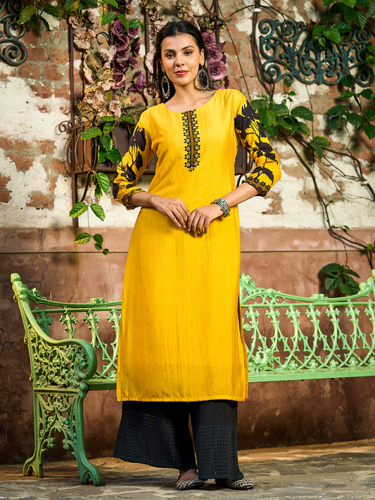 Solid Floral Printed & Embroidered Straight Fit Kurta - Yellow