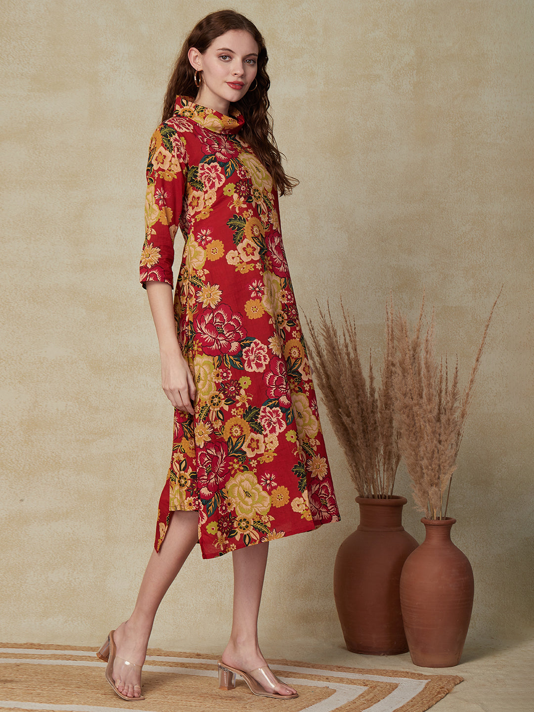 Floral Printed A-line Asymmetric Hem Midi Dress - Red & Multi