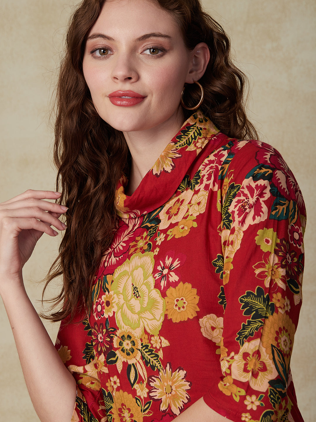 Floral Printed A-line Asymmetric Hem Midi Dress - Red & Multi