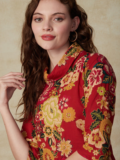 Floral Printed A-line Asymmetric Hem Midi Dress - Red & Multi