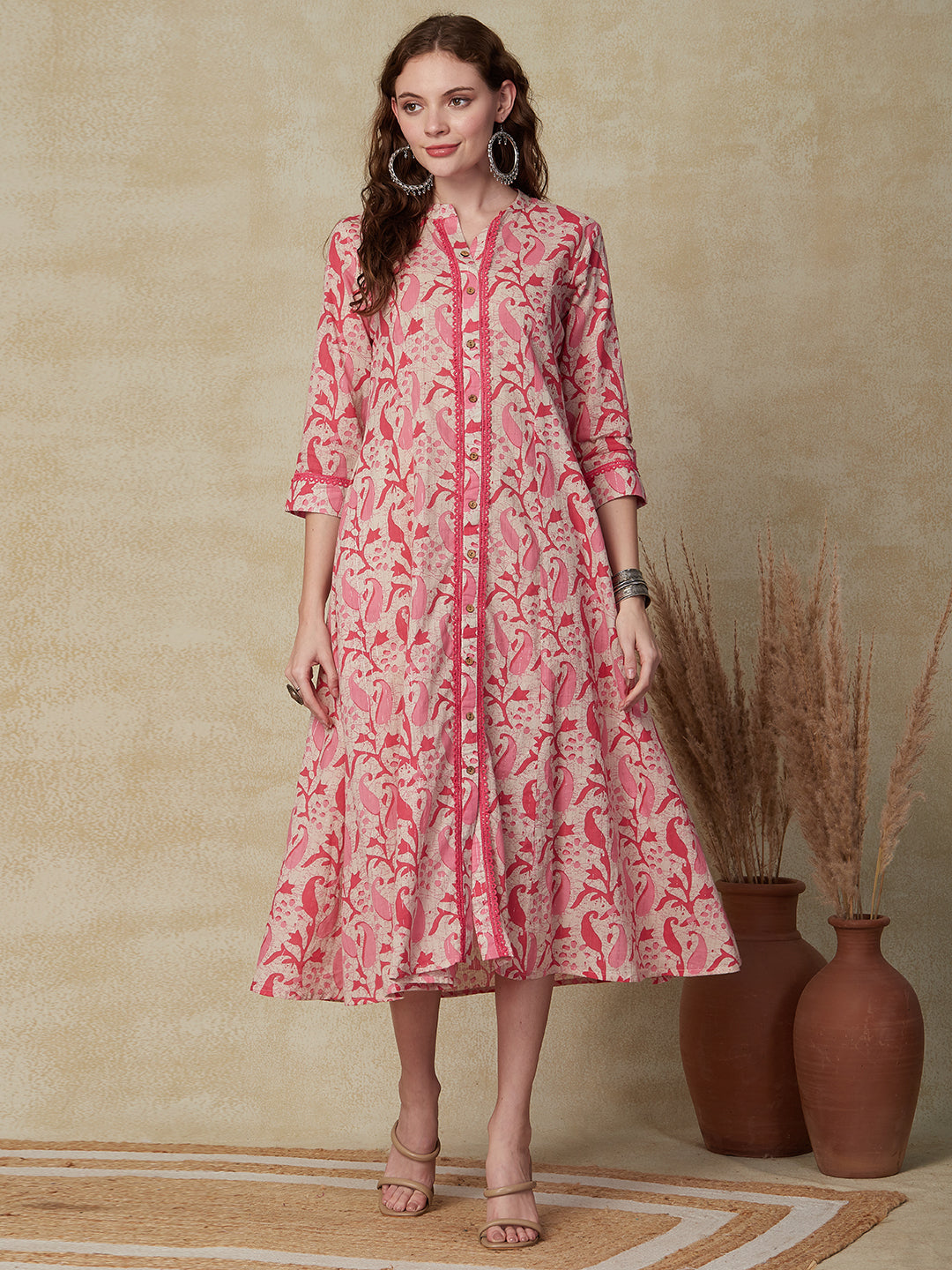 Ethnic Floral Printed A-Line Paneled Midi Dress - Pink