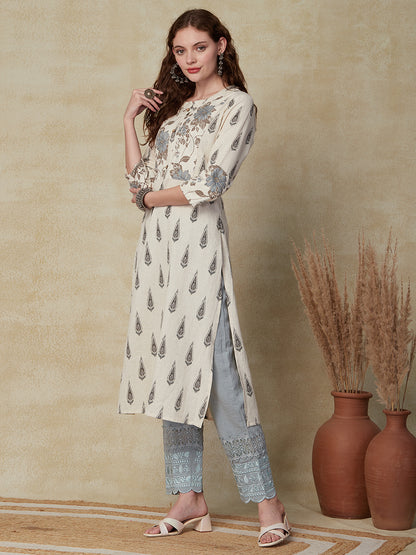 Ethnic Floral Foil Printed Straight Fit Kurta - Off White
