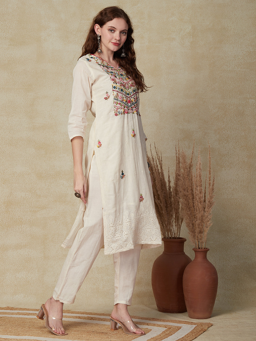 Solid Resham & Sequins Embroidered Schiffili Work Kurta with Pants - Off White