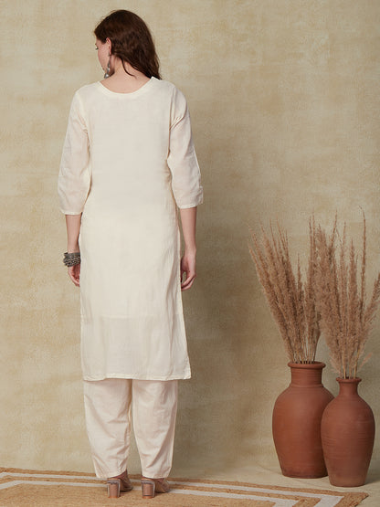 Solid Resham & Sequins Embroidered Schiffili Work Kurta with Pants - Off White