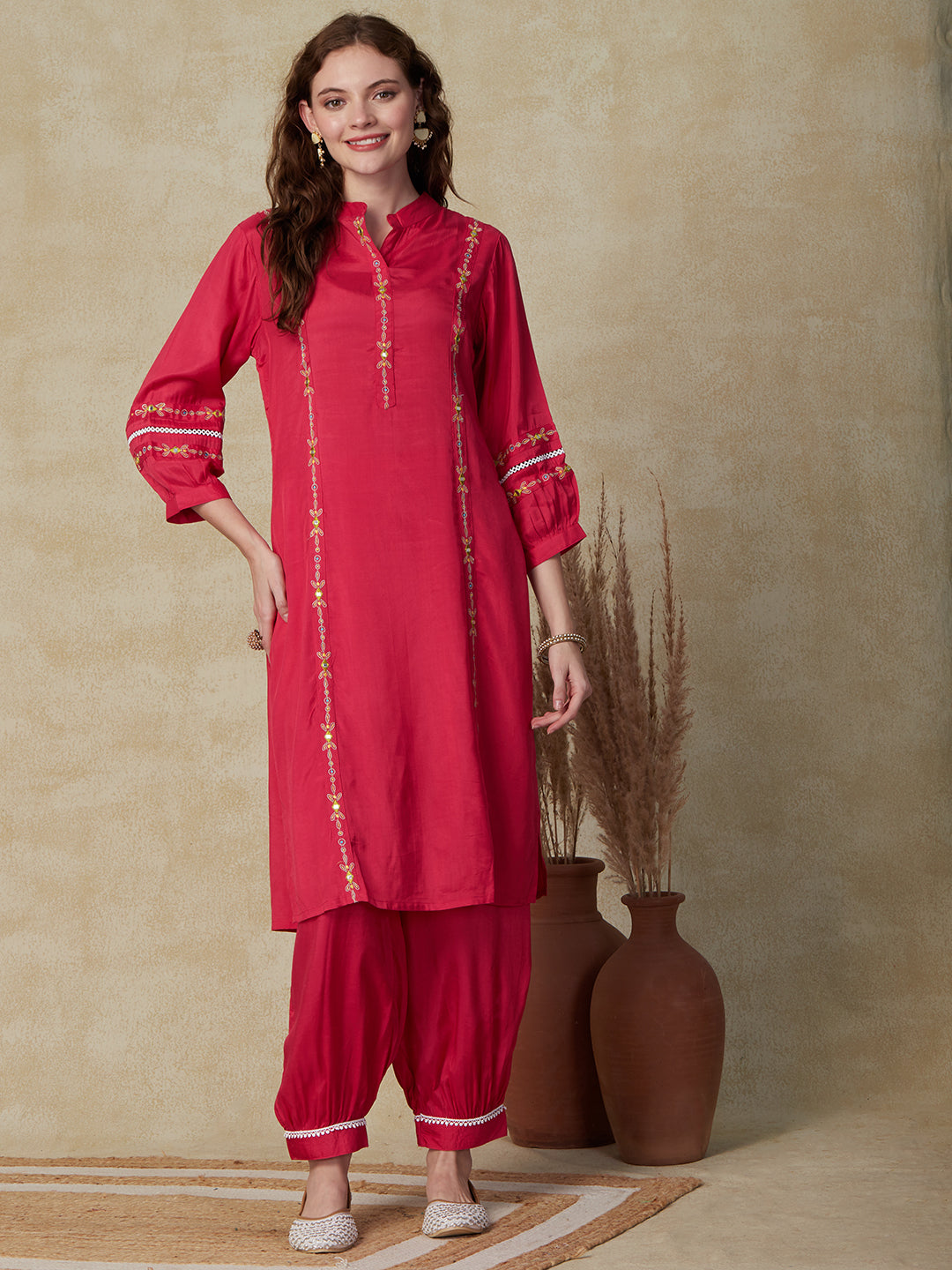Solid Mirror & Resham Embroidered Kurta with Salwar - Pink