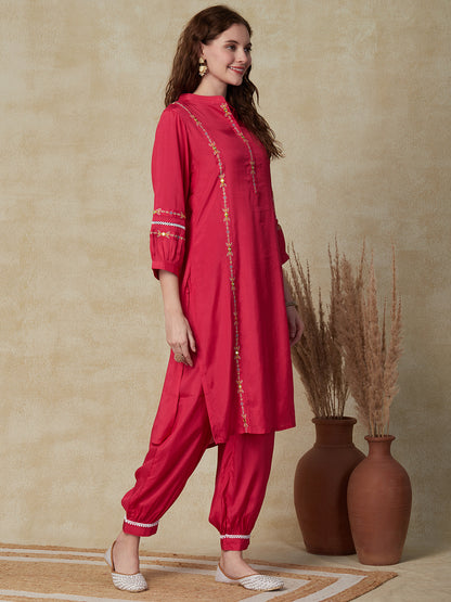 Solid Mirror & Resham Embroidered Kurta with Salwar - Pink