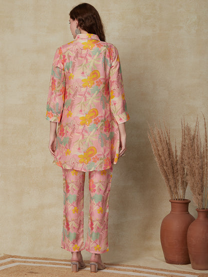 Floral Printed Mirror, Sequins & Beads Embroidered shirt With Pants Indo Western Co-ord Set - Pink