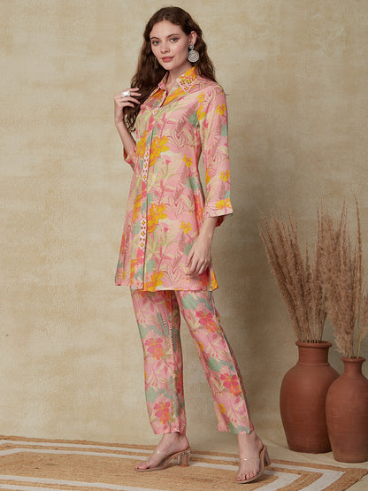 Floral Printed Mirror, Sequins & Beads Embroidered shirt With Pants Indo Western Co-ord Set - Pink