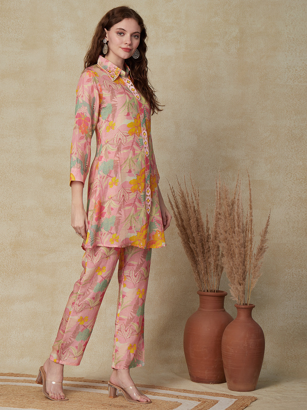 Floral Printed Mirror, Sequins & Beads Embroidered shirt With Pants Indo Western Co-ord Set - Pink