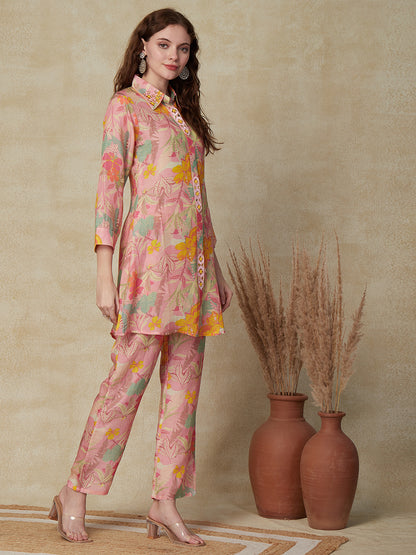 Floral Printed Mirror, Sequins & Beads Embroidered shirt With Pants Indo Western Co-ord Set - Pink