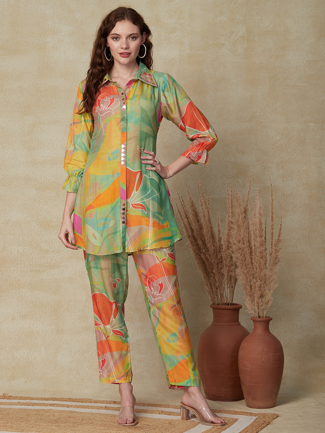 Abstract Printed Mirror & Beads Embroidered Shirt With Pants Indo Westarn Co-ord Set - Multi