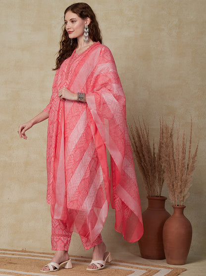Ethnic Printed Schiffili Work Crochet Lace Kurta with Pants & Dupatta - Pink