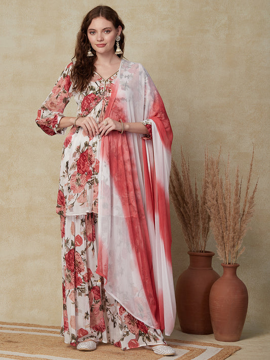 Floral Printed Cutdana & Beads Embroidered Kurti with Sharara & Dupatta - White