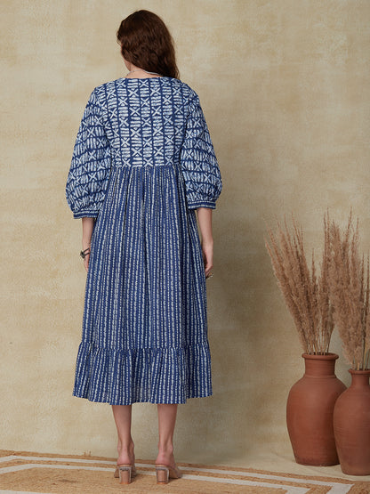 Ethnic Stripes Printed A-Line Pleated Midi Dress - Blue
