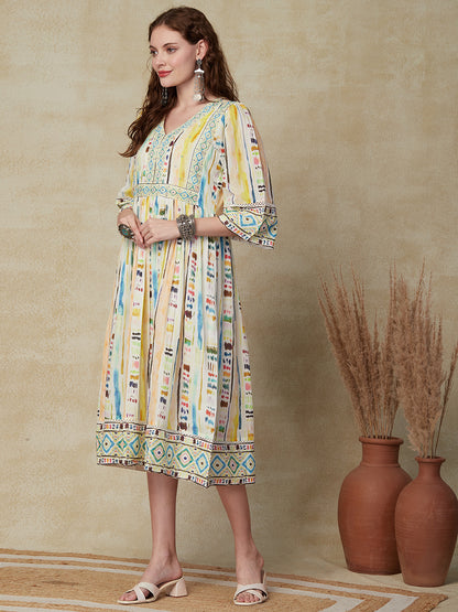Abstract Printed Sequins & Beads Embroidered Mul-Cotton Indo-Western Dress - Multi