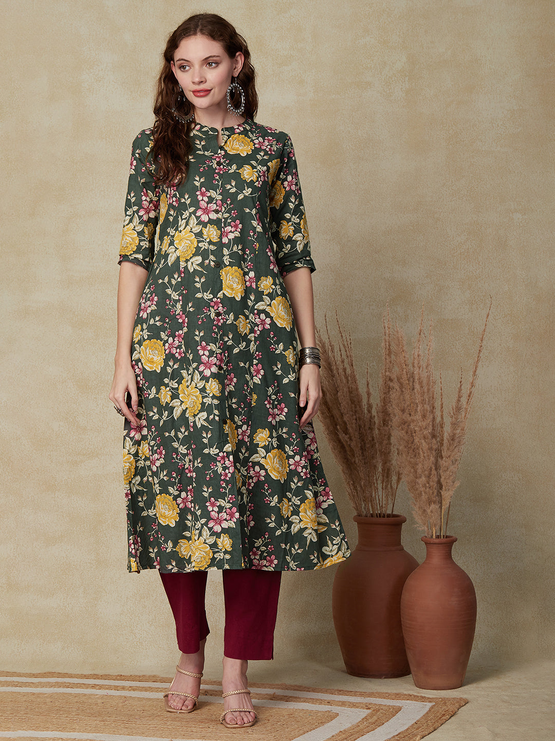 Floral Printed Wooden Buttoned A-line Paneled Kurta - Green