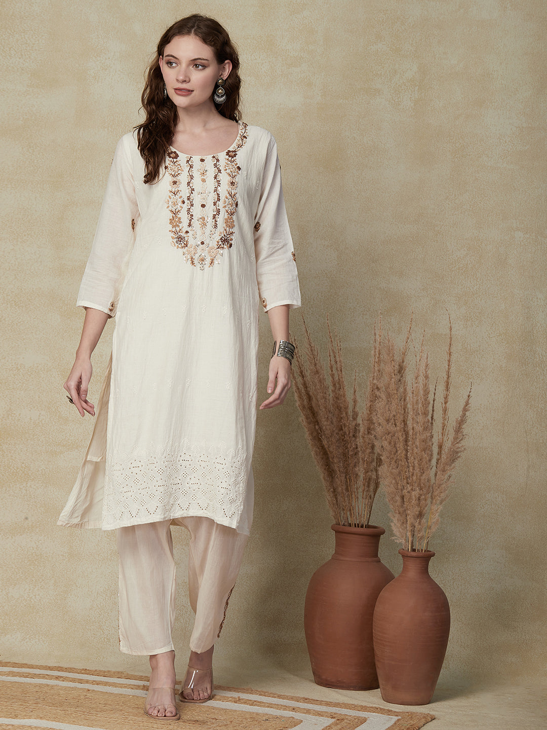 Solid Resham Embroidered Schiffili Work Kurta with Embroidered Pants - Off White