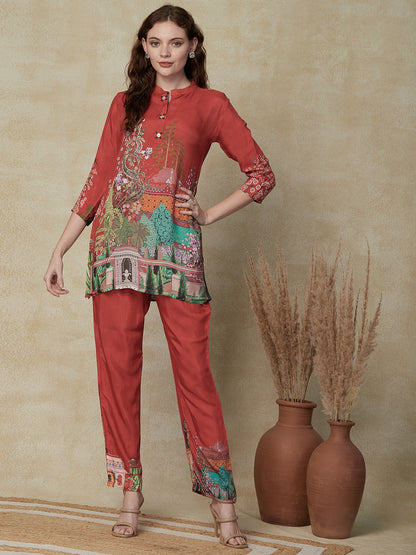 Floral Printed Mother-of-Pearl Buttoned Kurti with Pants Indo Western Co-ord Set - Orange
