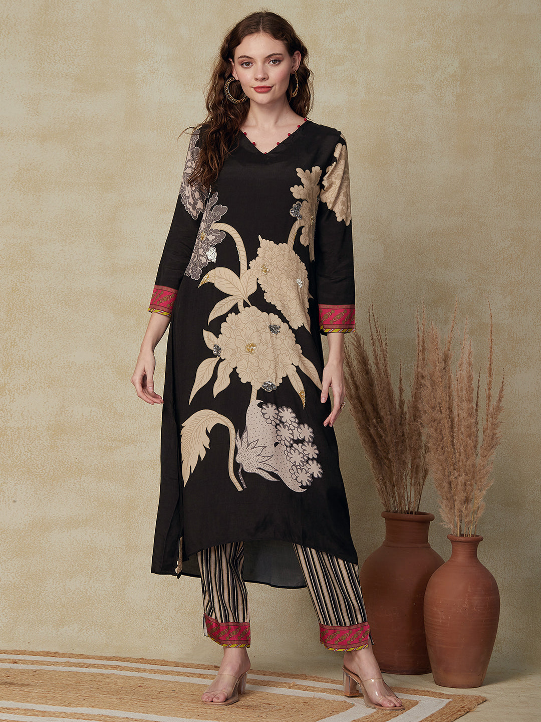 Floral printed Sequins Embroidered A-line Kurta with Striped Pants - Charcoal