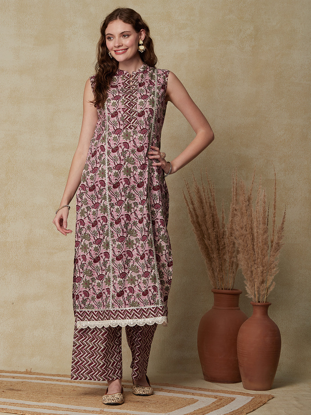 Ethnic Floral Printed Straight Fit Kurta with Palazzo - Purple