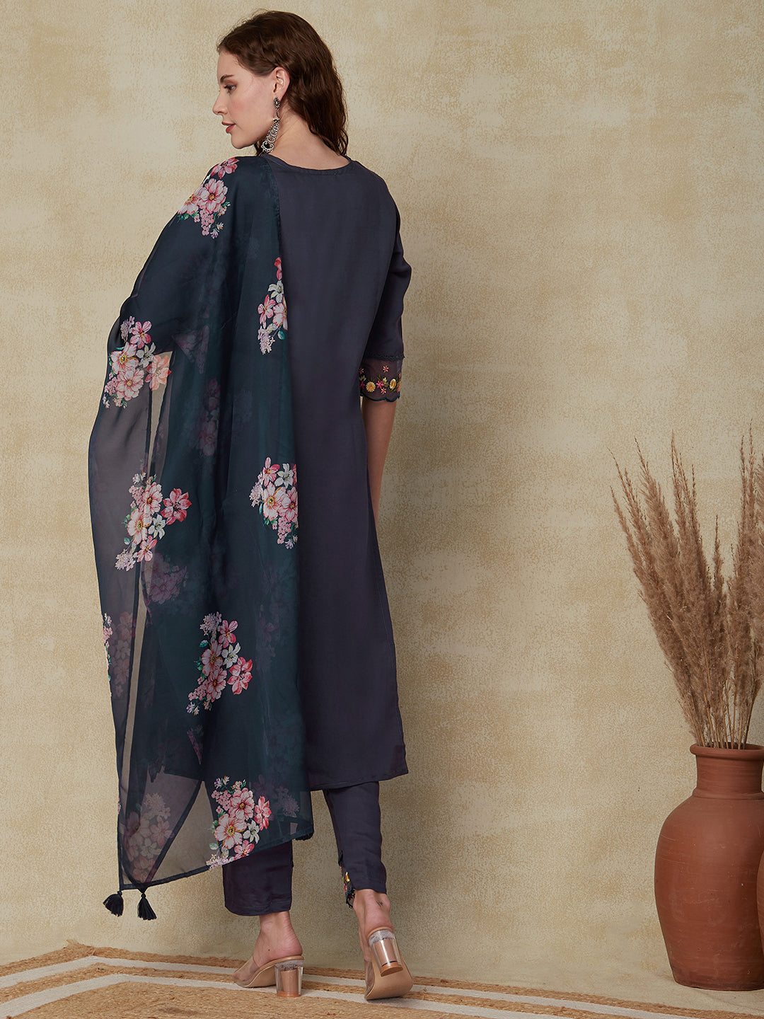 Solid Resham & Beads Embroidered Kurta with Pants & Floral Dupatta - Violet