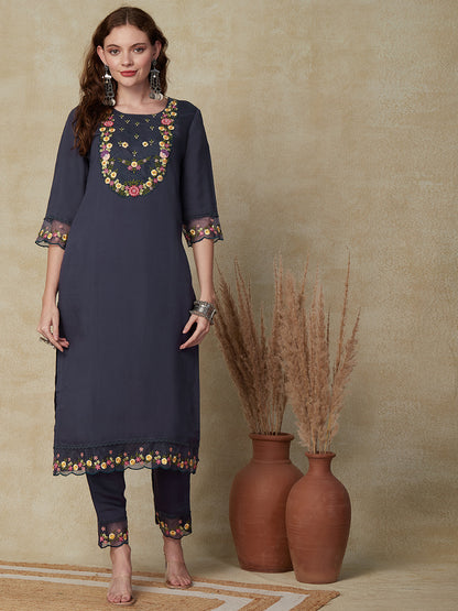 Solid Resham & Beads Embroidered Kurta with Pants & Floral Dupatta - Violet