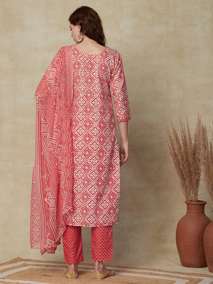 Abstract Printed Cutdana & Resham Embroidered Kurta with Pants & Dupatta - Red & White