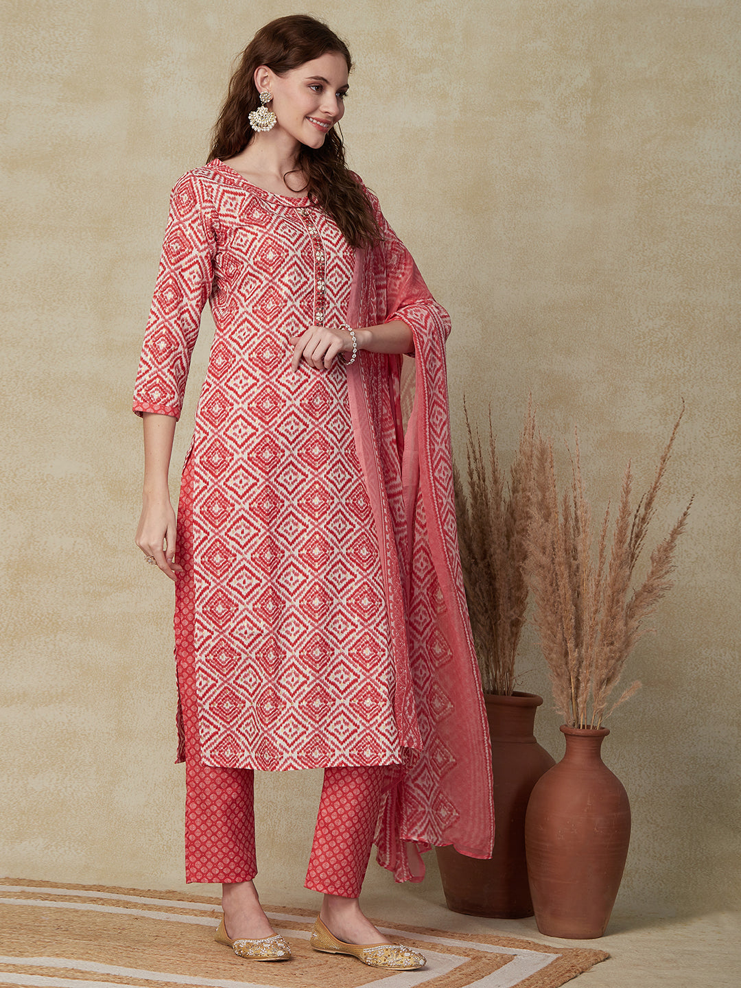 Abstract Printed Cutdana & Resham Embroidered Kurta with Pants & Dupatta - Red & White