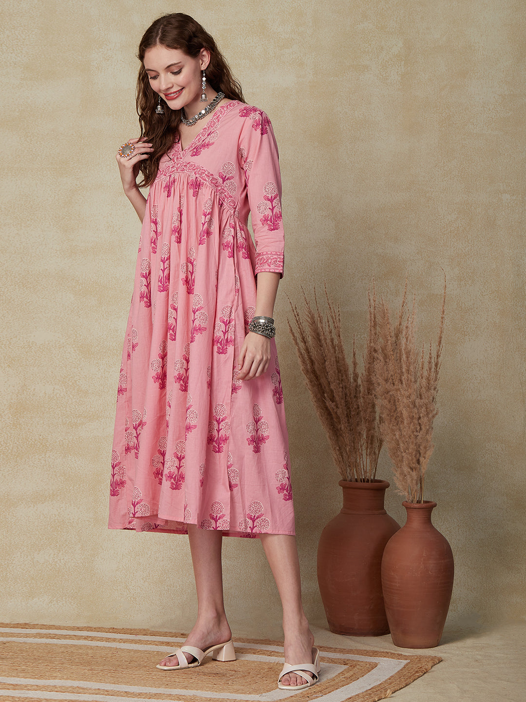 Ethnic Floral Printed A-Line Pleated Midi Dress - Pink